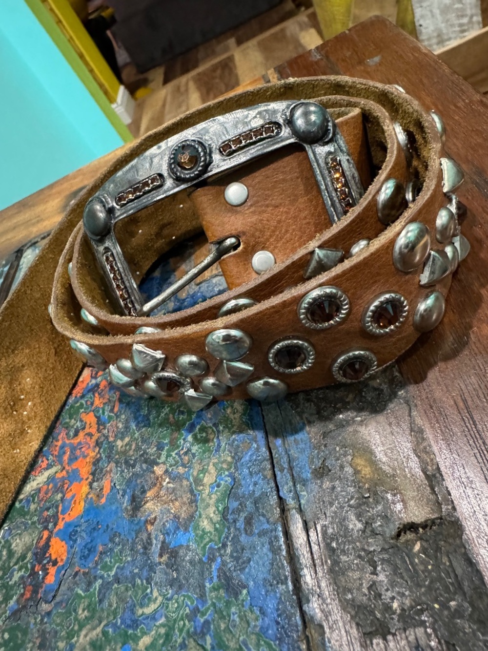 Vintage Leatherock Studded/Embellished Brown Leather Belt size Large